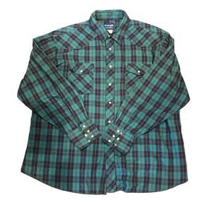 Wrangler Plaid Pearl Snap Western Shirt Men’s Green Long Sleeve Cowboy Button Up